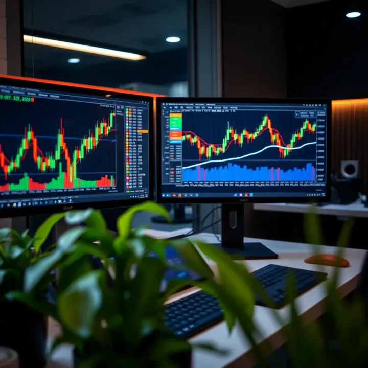 Modern workspace with dual monitors displaying forex charts and trading analysis