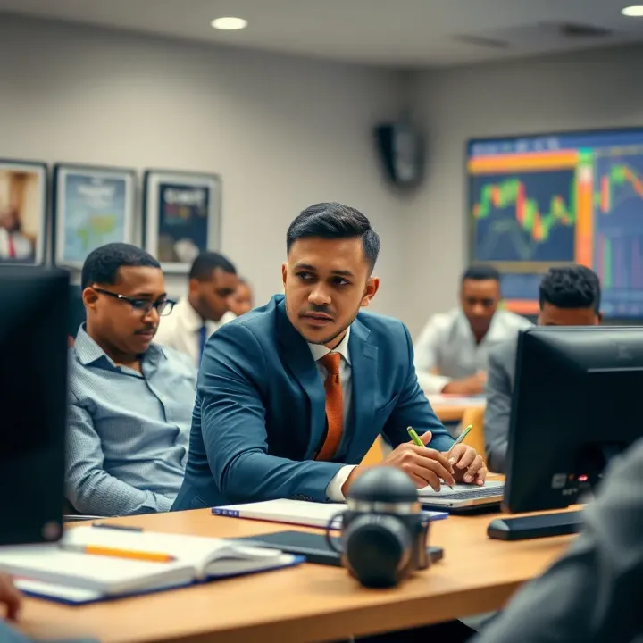 Classroom setting with learners engaging in forex trading education