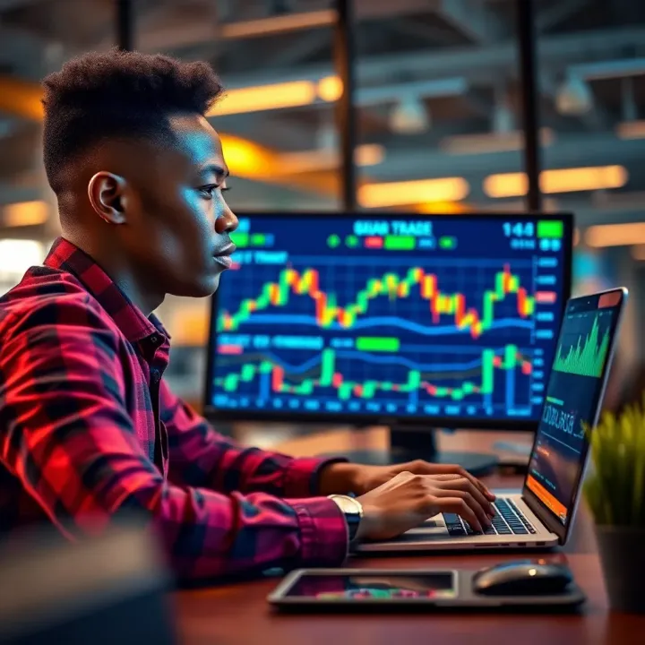 A confident learner studying forex trading on a laptop with charts and graphs displayed on the screen