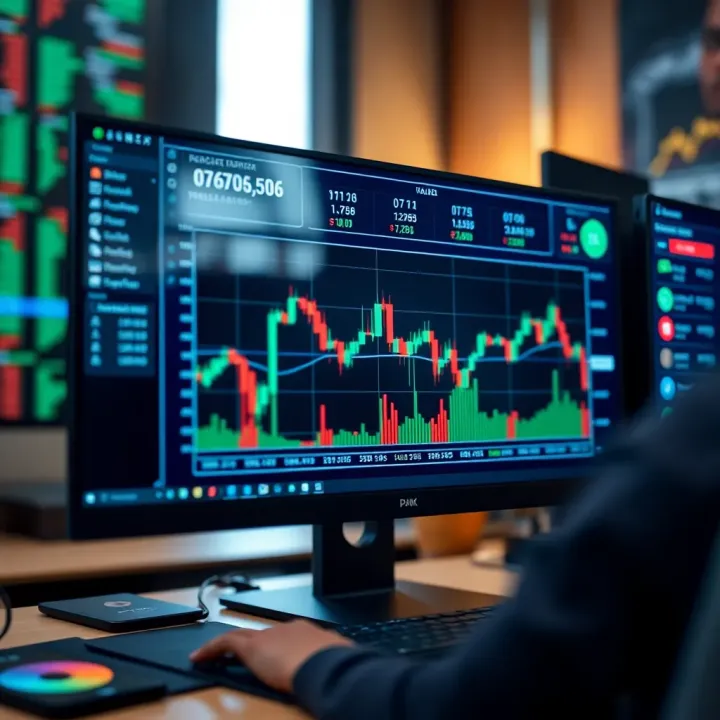 Computer screen displaying forex trading platform with charts and indicators