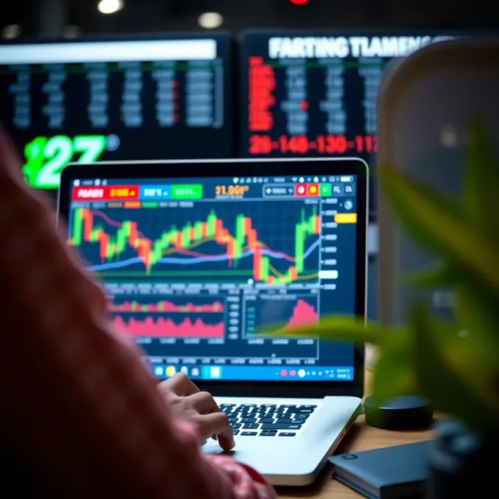 User interacting with a digital trading platform on a laptop displaying currency charts and market data
