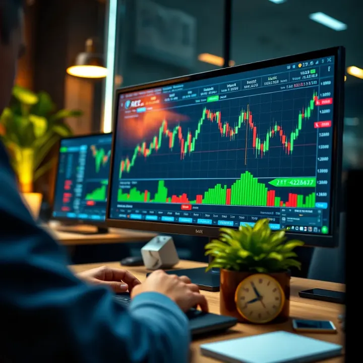 Illustration of a computer screen displaying a forex trading platform with charts and risk management tools