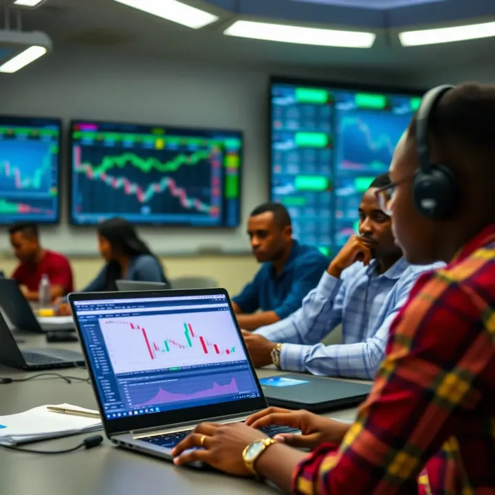 Classroom setting with students learning forex trading concepts on laptops in Kenya