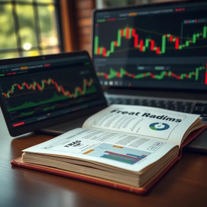 An open book showing forex charts and trading strategies with a laptop and financial graphs