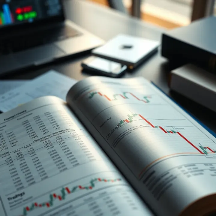 Open book with financial charts and notes reflecting forex market analysis