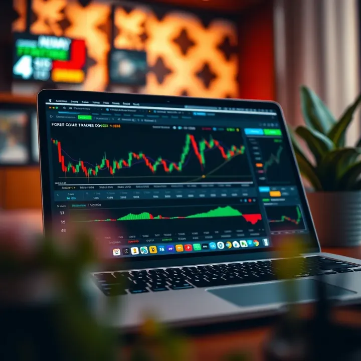 Laptop screen displaying an online forex trading course with learning modules