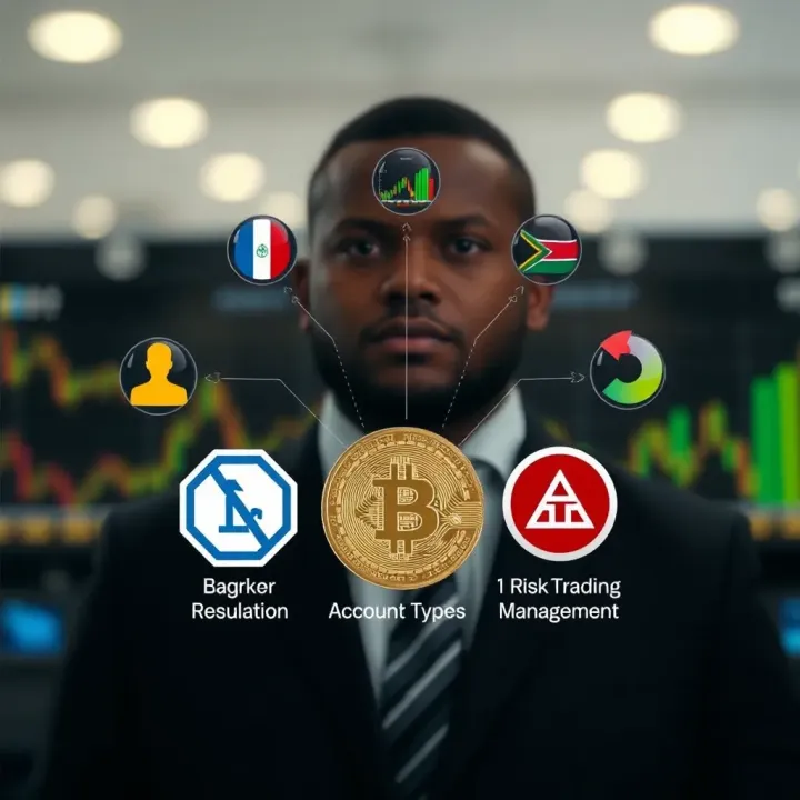 Visual representation of key broker features including regulation badges, account types, and risk management icons