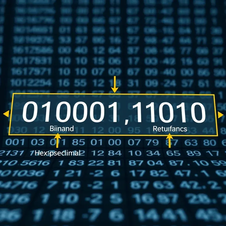 Diagram illustrating the conversion of a binary sequence into its hexadecimal representation with arrows and annotations