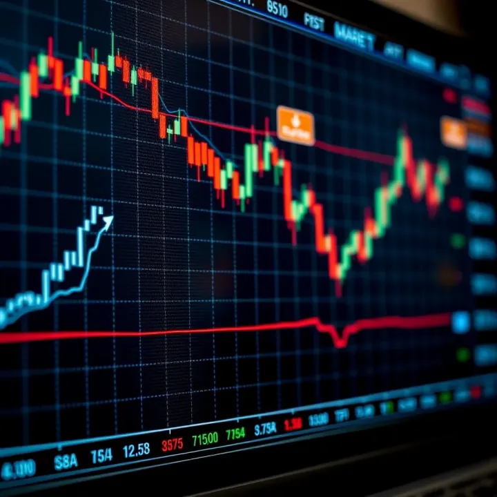 Digital chart displaying forex currency pairs with upward trend lines