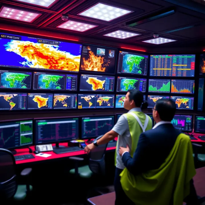 Control room with multiple screens displaying weather patterns, risk data analytics, and emergency coordination in action