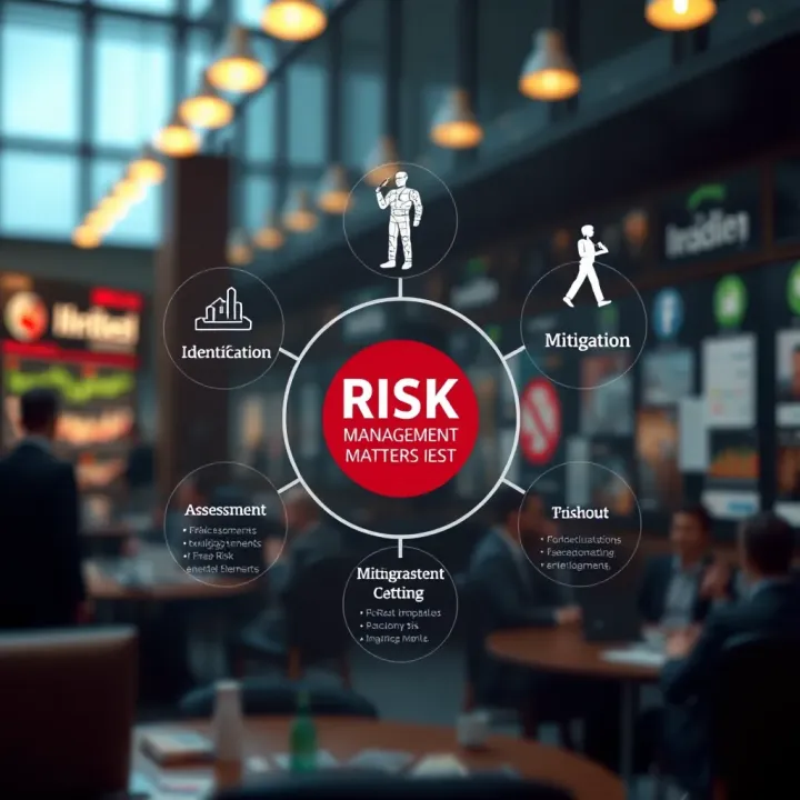 Diagram showing key components of risk management including identification, assessment, and mitigation in business settings