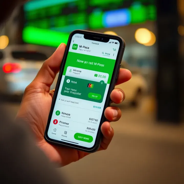 Mobile phone displaying a financial app with Kenyan M-Pesa payment option