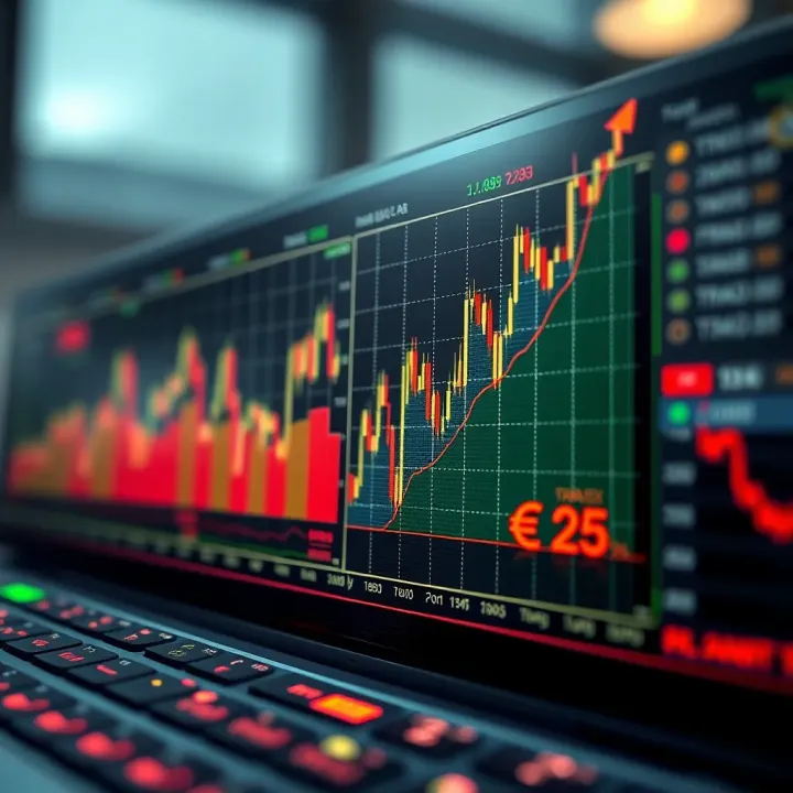 Graph showing currency exchange rates with upward trend lines on a digital screen