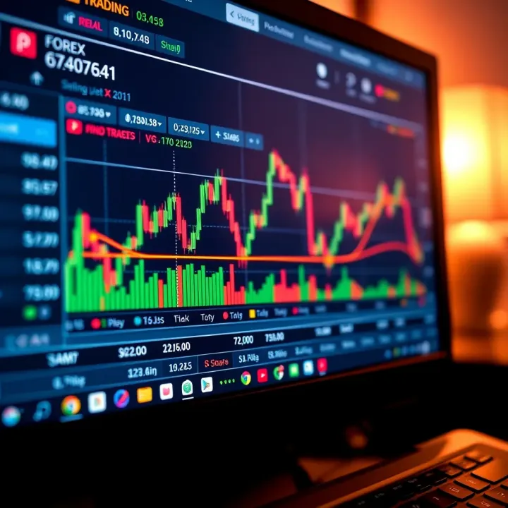 Close-up of computer screen displaying a forex trading platform with various currency pairs and charts