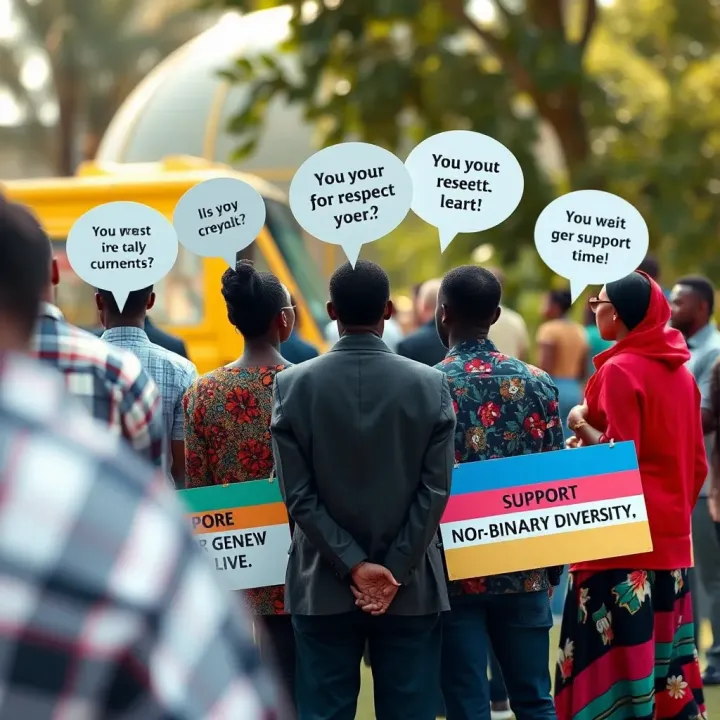 Illustration of community members standing together with inclusive speech bubbles showing support and respect for gender diversity