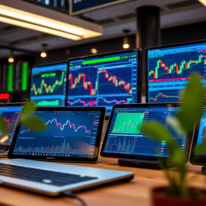 Various digital devices displaying trading platforms with financial charts and metrics