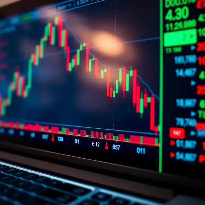 Illustration of a forex trading chart with candlestick patterns and currency pairs on a digital screen