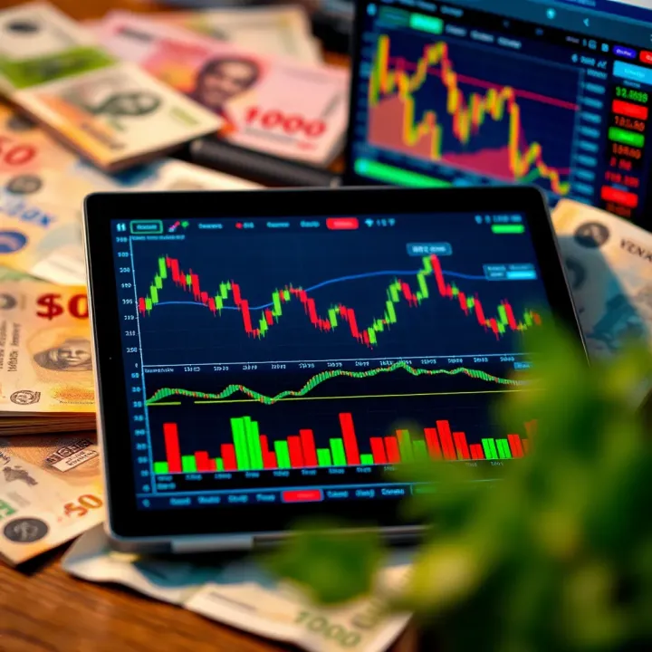 Forex trading charts and graphs on a digital tablet with Kenyan currency notes in the background