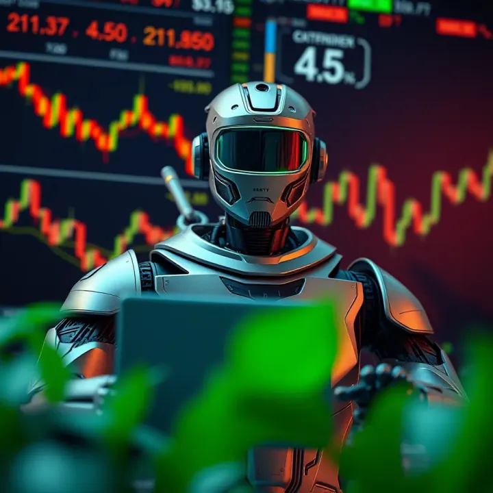 Conceptual graphic of binary options trading with robotic technology and financial charts