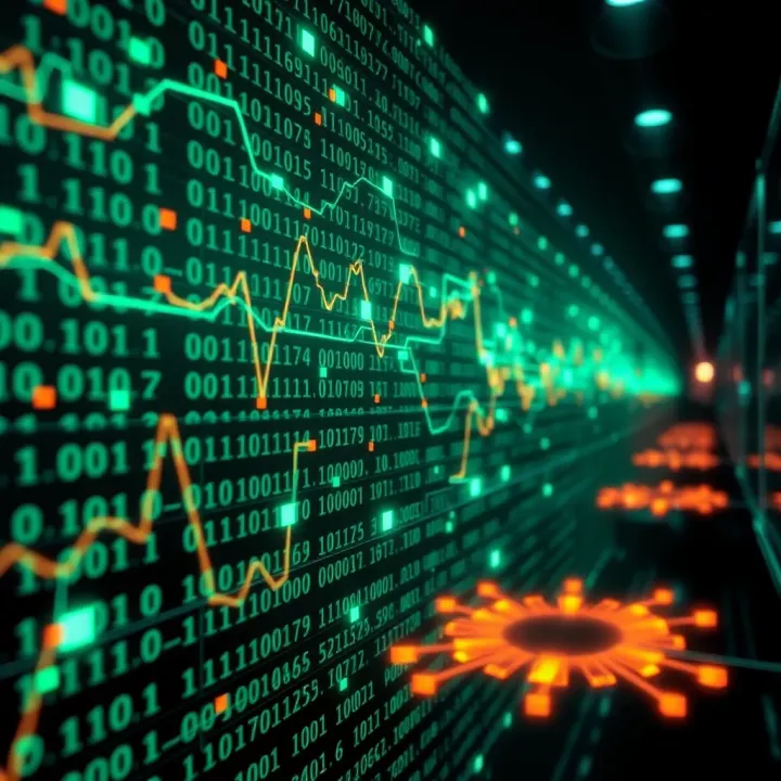 Digital representation of binary code flowing through a network, symbolizing the operation of automated bots