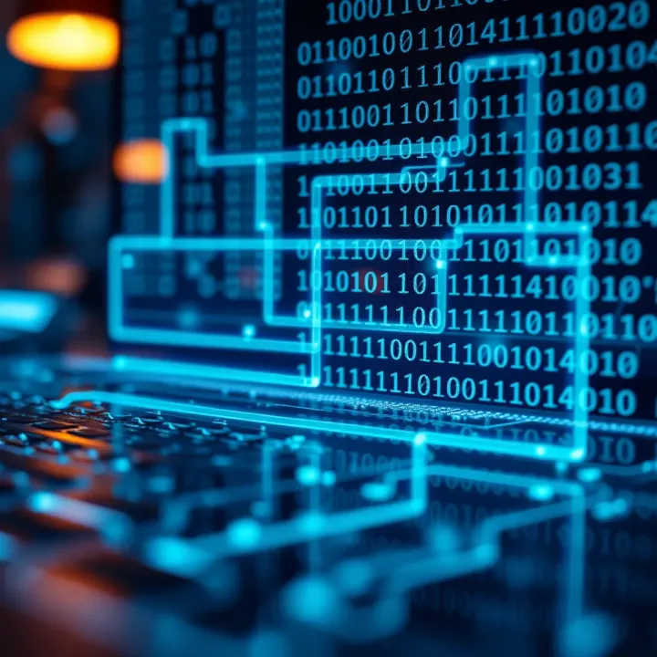 Conceptual representation of digital data flow in computing devices using binary code