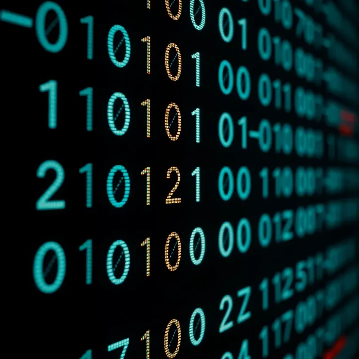 Visual representation of binary digits as a sequence of zeros and ones forming digital code