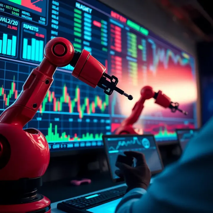 Illustration showing a digital interface with robotic arms analyzing financial charts and binary options trading data
