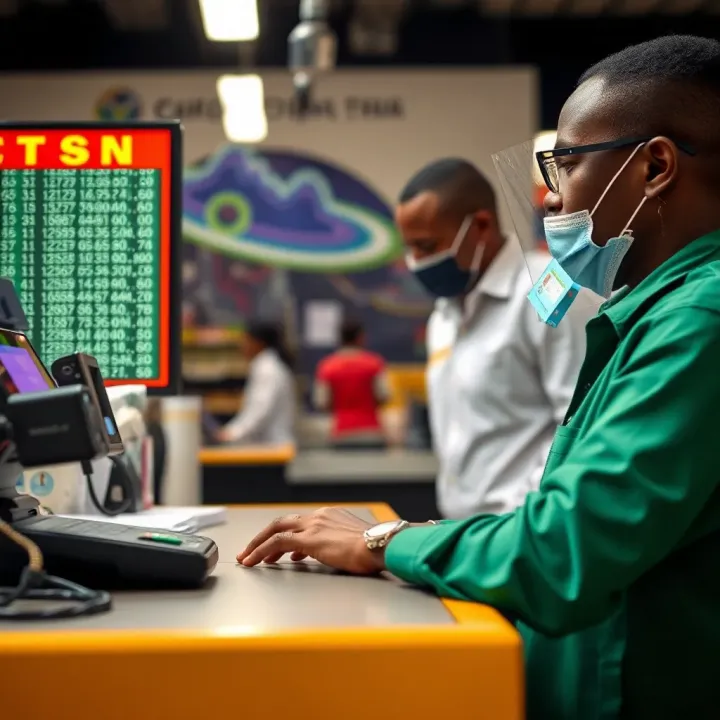 Graphic depicting digital cash transaction operations integrating binary code within Kenya's financial network