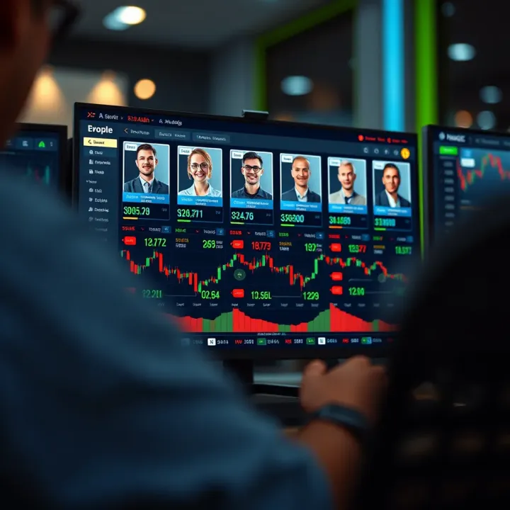 Illustration of a computer screen displaying multiple trader profiles with performance metrics highlighting choices for copying trades