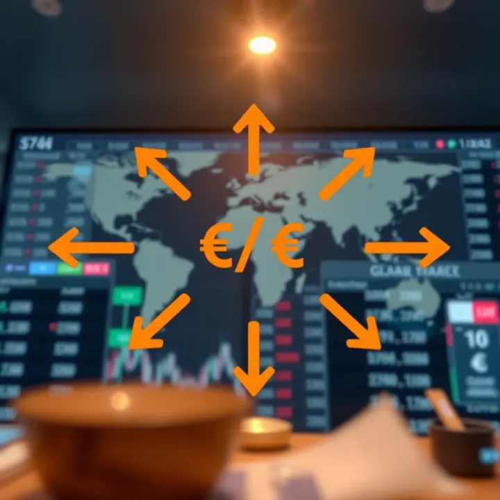 Diagram illustrating the global forex market with currency symbols and exchange rate arrows