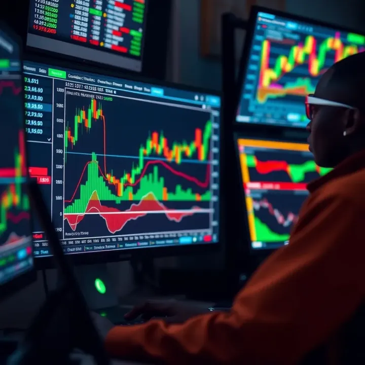 Illustration of a Kenyan trader analyzing forex charts on a computer screen